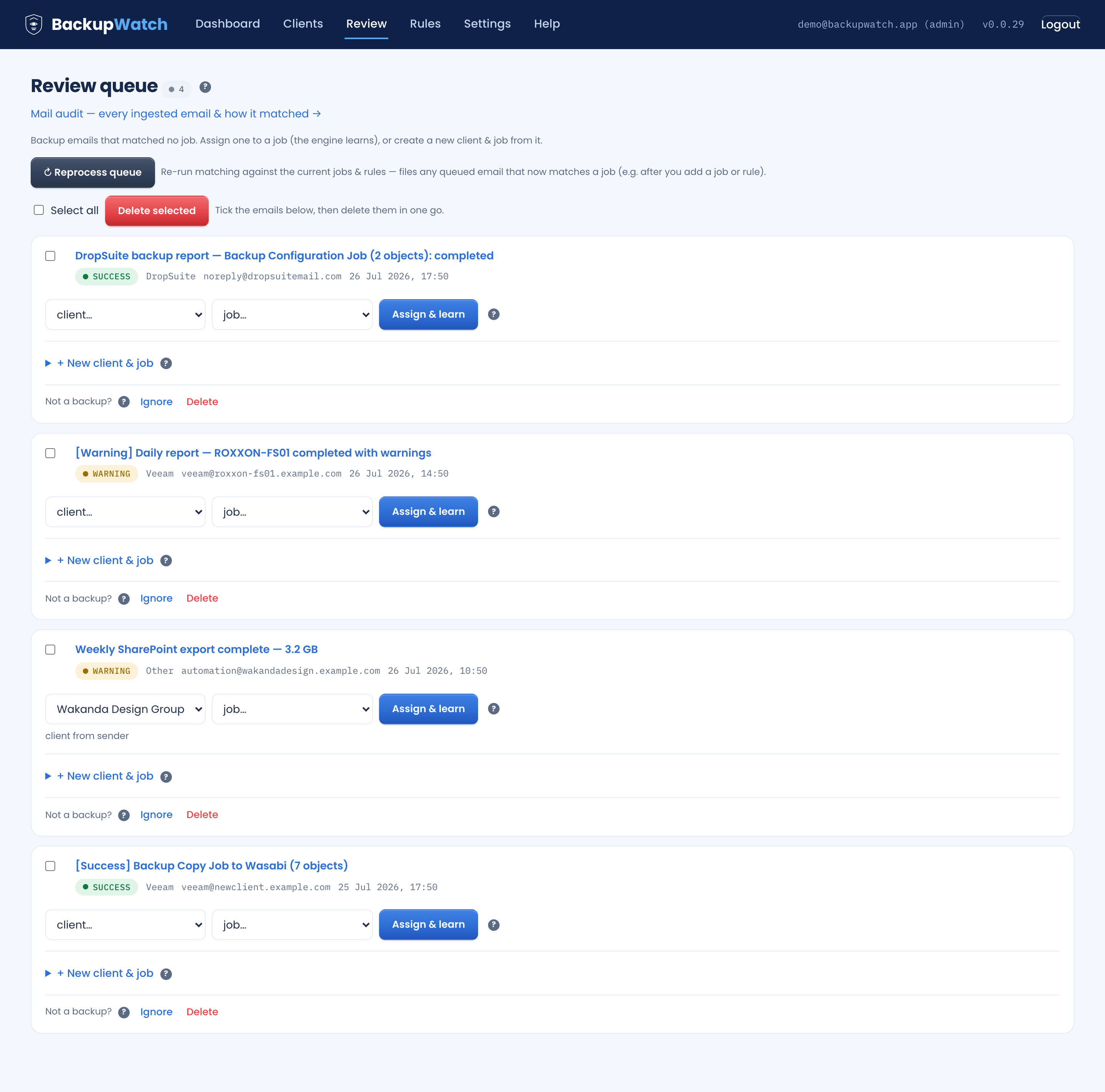 The Review queue: an unrecognised backup email being assigned to a client and job in one click